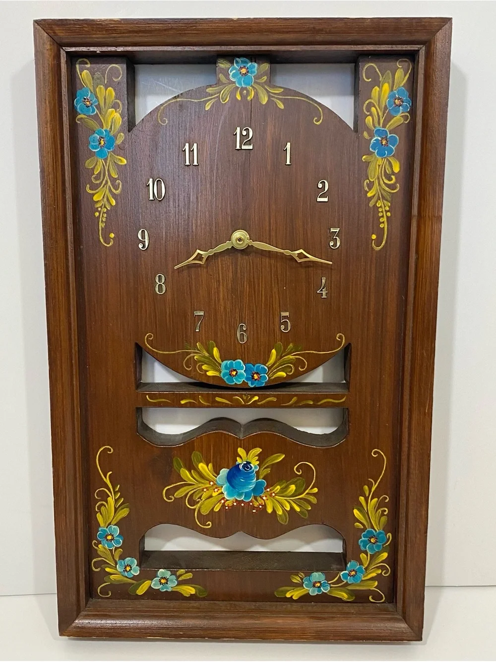 Hand-Painted Scandinavian Wooden Wall Clock with Blue Floral Design